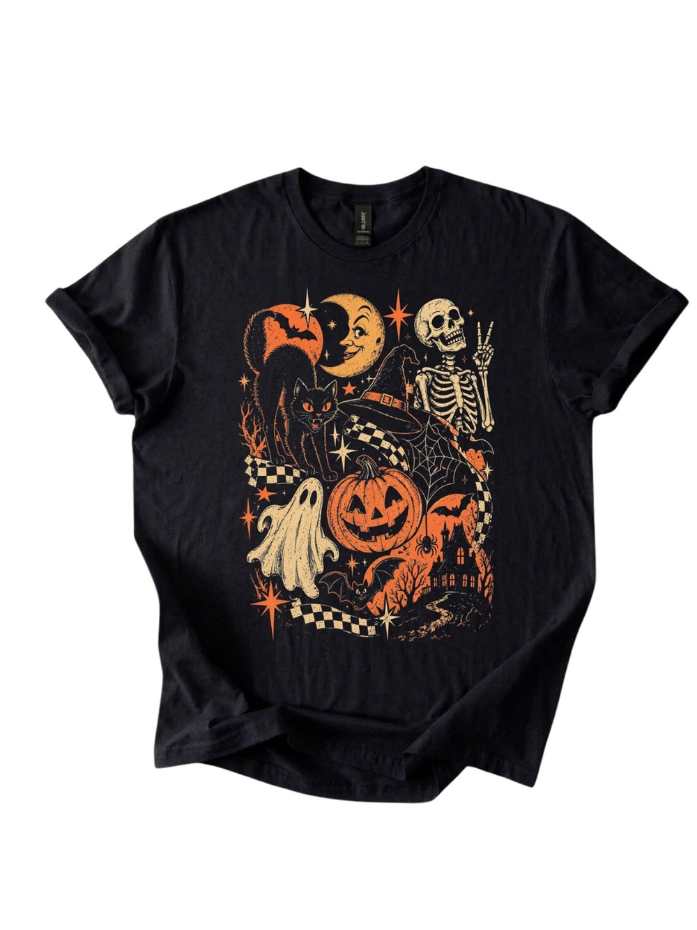 Gildan Black Halloween Graphic Tee with Orange & Cream Print